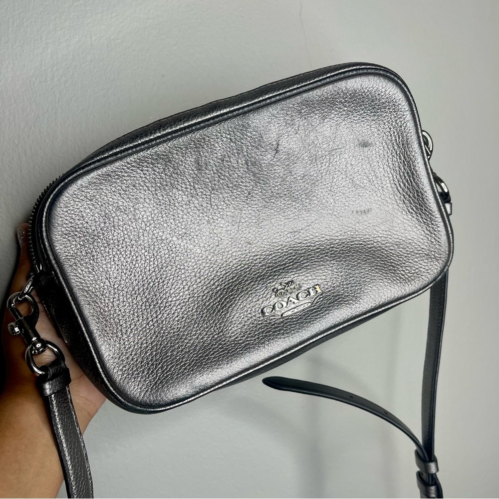Coach Metallic Leather Crossbody Bag Purse (Silver/Gray)